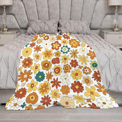 Vintage Hippie Floral Blanket, 70s Boho Abstract Yellow Orange Flowers Funny Print Throw Blanket for Holiday Theme Home Decor Bedding Couch 50"x60"
