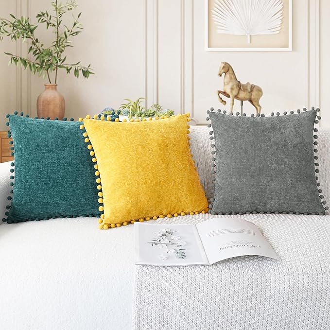 CaliTime Throw Pillow Covers Decorative 20 X 12 Inches Pack of 2 Cozy Solid Dyed Soft Chenille Cushion Cases with Pom Poms for Couch Sofa Bed Living Room Home Teal