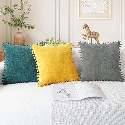 CaliTime Throw Pillow Covers Decorative 20 X 12 Inches Pack of 2 Cozy Solid Dyed Soft Chenille Cushion Cases with Pom Poms for Couch Sofa Bed Living Room Home Teal