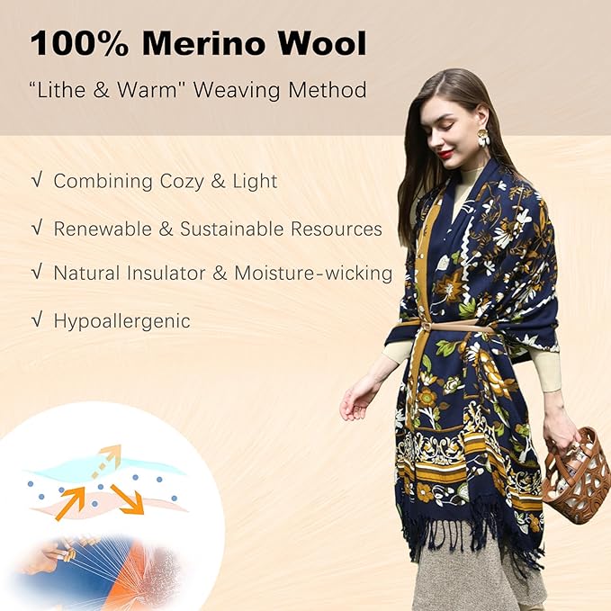 DANA XU 100% Merino Wool Extra Large Pashmina Blanket Travel Scarf Cashmere Wrap for Women Fall Winter Oversize Shawl Floral