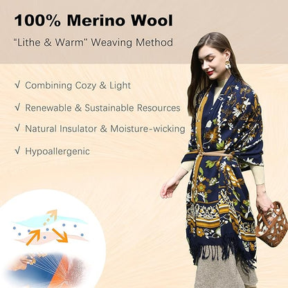 DANA XU 100% Merino Wool Extra Large Pashmina Blanket Travel Scarf Cashmere Wrap for Women Fall Winter Oversize Shawl Floral