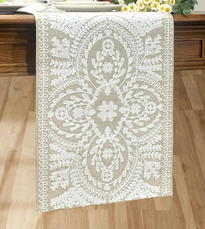KEVA Boho Table Runner 54inches Long, Farmhouse Rustic Vintage White Embroidered Table Runners 13x54 Inch for Dining Table Decorations