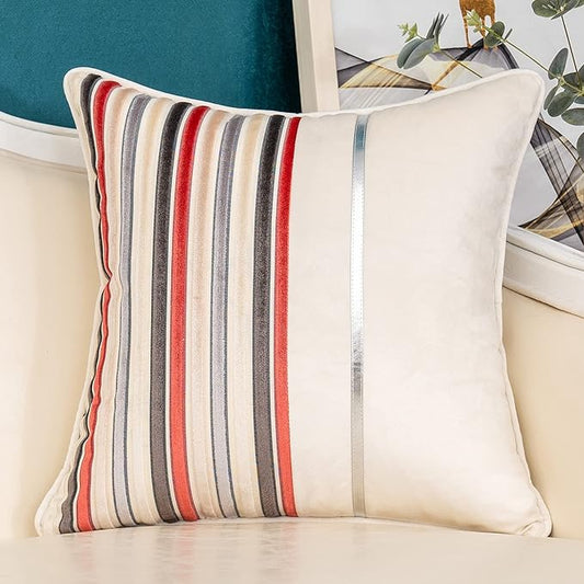 Yangest Red Striped Patchwork Throw Pillow Cover Silver Leather Cushion Cover Zippered Pillowcase for Sofa Couch Bedroom Living Room Home Decoration,18x18 Inch