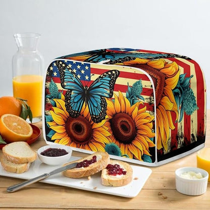 Sunflower Butterfly Print Toaster Cover 4 Slice American Flag Small Kitchen Appliance Cover, Washable Oven Protector Anti-dust Bread Maker Protector