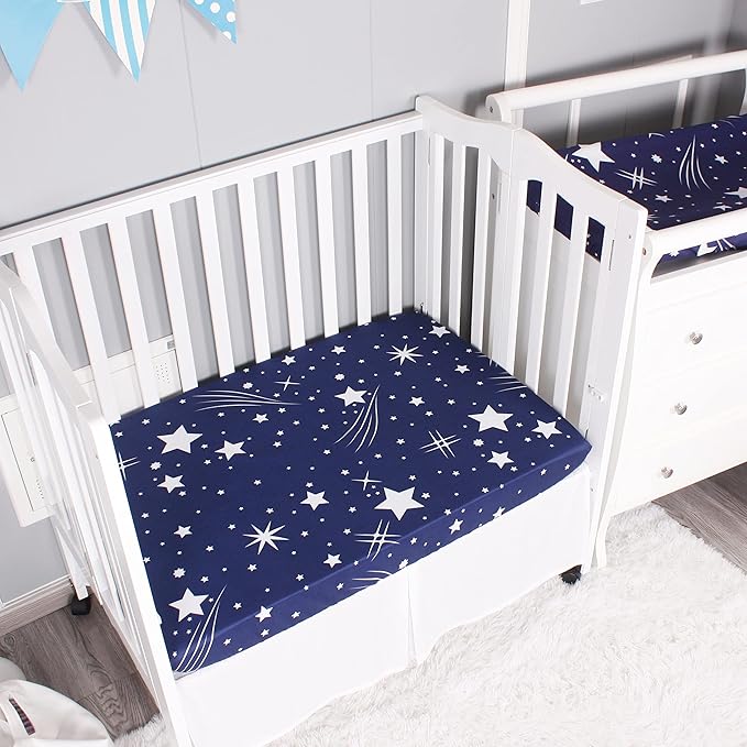Belsden Pack of 3 Mini Crib Sheet Set, Pack N Play Sheet Set for Baby Boys and Girls, Cloudy Soft Touch and Machine Washable, Fitted Playard/Portable Crib Sheet, White Star & Navy & Navy Star