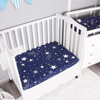 Belsden Pack of 3 Mini Crib Sheet Set, Pack N Play Sheet Set for Baby Boys and Girls, Cloudy Soft Touch and Machine Washable, Fitted Playard/Portable Crib Sheet, White Star & Navy & Navy Star