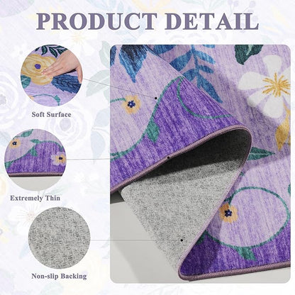 DUKINO Runner Rug, 2.6x8 Kitchen Rug for Hallway with Non Slip Backing, Washable Low Pile Soft Boho Floral Runner Carpet for Hallway, Kitchen, Entryway, Laundry, Bedroom, Purple