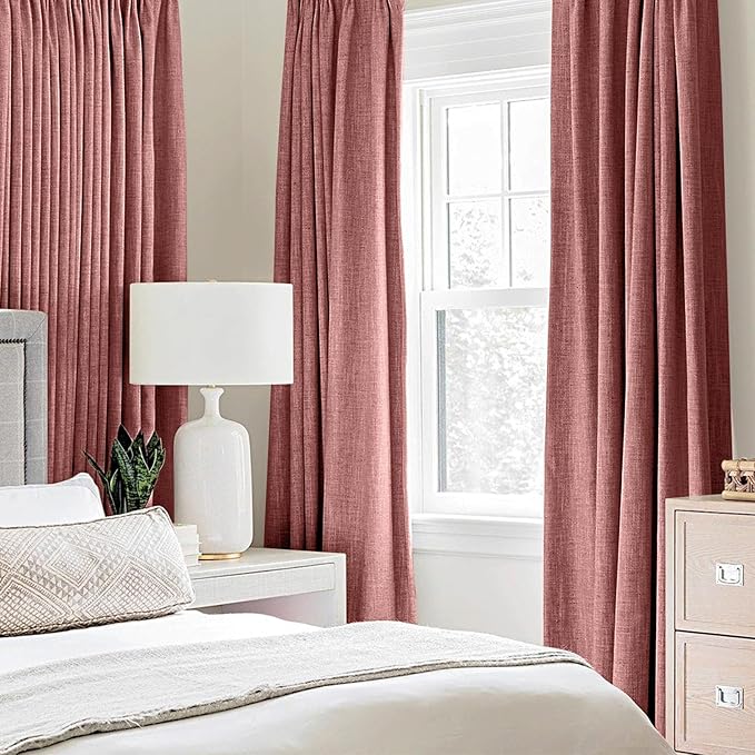 MIULEE 100% Blackout Linen Textured Curtains for Bedroom Solid Thermal Insulated Dusty Rose Grommet Room Darkening Curtains & Drapes Luxury Decor for Living Room Nursery 42 x 84 Inch (2 Panels)