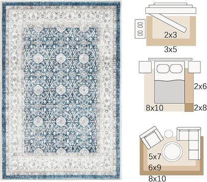 jinchan Floral 8x10 Area Rug for Living Room Machine Washable Vintage Distressed Boho Design Throw Rug Stain Resistant Carpet Low-Pile Thin Non-Slip for Bedroom Dining Room Nursery (8‘x10', Dark Blue)