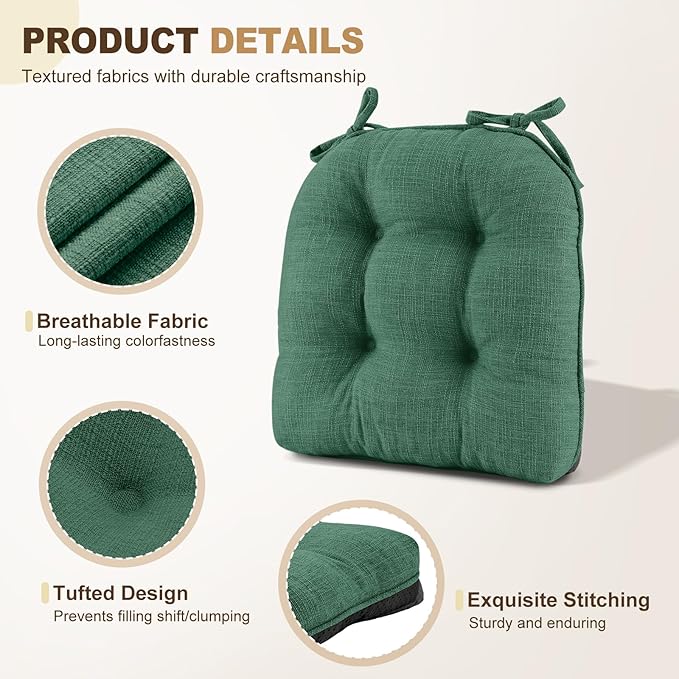 downluxe Indoor Chair Cushions for Dining Chairs, Tufted Overstuffed Textured Foam Kitchen Chair Pads with Ties and Non-Slip Backing, 15.5" x 15.5" x 4", Dark Green, 6 Pack
