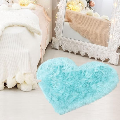 uxcell Heart Shaped Rugs for Bedroom,Small Aesthetic Carpet Girls,Cute Shaggy Floor Mirror Mat,Pastel Furry Throw Rug 2.3ftx3ft, Light Blue