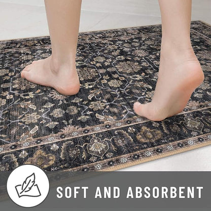 KUTA 3x5 Rugs for Entryway, Vintage Floral Area Rug Washable Non-Slip Brown Ultra Thin Soft Printed Distressed Entry Low-Pile Throw Carpet for Bedroom Nursery Living Room