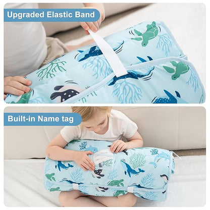 Viviland Toddler Nap Mat, Rolled Sleeping Mats with Pillow and Minky Dot Blanket for Girls Boys, Kids Slumber Bags/Nap Mat for Preschool, Daycare, Kindergarten, Travel Camping - Blue Ocean Whales