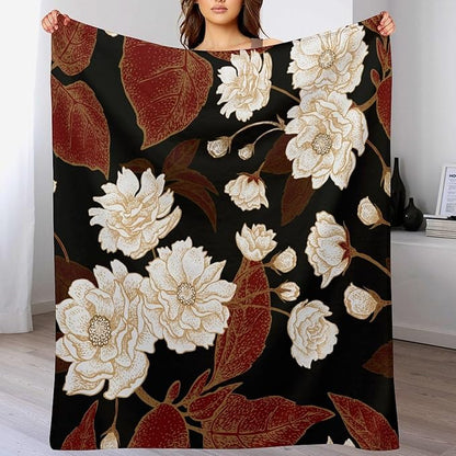 Red Gold Floral Blanket, Boho Dark Flower Leaves Chinese Plum Blossoms Botanical Vintage Throw Blanket for Bed Living Room Bedding Couch Soft Lightweight Warm Cozy Decor, 60"x80"