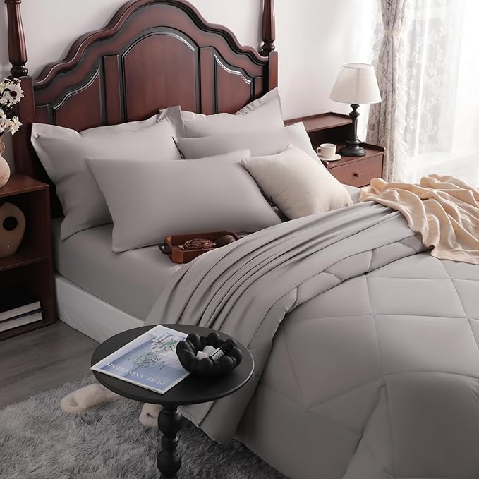 NTBAY King Comforter Set with Sheets, 7 Pieces Soft and Breathable King Bedding Set, Bed in a Bag, Down Alternative Comforter Set Solid Color All Season, Smoke Grey
