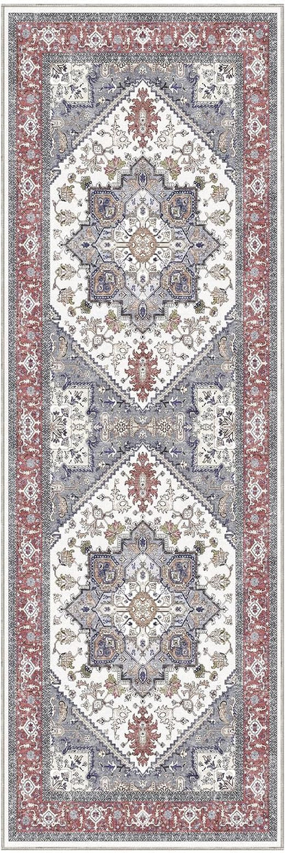 OPPODREAM Thin Entryway Rug 2x6, 2x6 Rug Runner, Washable Hallways Carpet 2 x 6 with Non Slip Backing, Low-Pile Bedside Carpet 2 x 6, Long, Faux Cashmere, Red & Grey