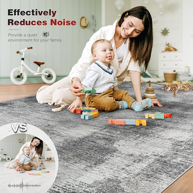 9x12 Area Rugs for Living Room: Washable Modern Abstract Rug Large Soft Non-Slip Rugs Indoor Low-Pile Carpet for Bedroom Dining Room Home Office (Grey, 9'x12')