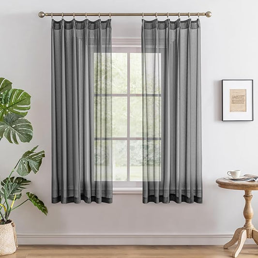 MAIHER Pinch Pleat Curtains 63 Inches Long Light Filtering Grey Sheer Curtain Panels Soft Touch Pleated Drapes with Adjustable Hooks for Bedroom, Grey, 42" W x 63" L, 2 Panels