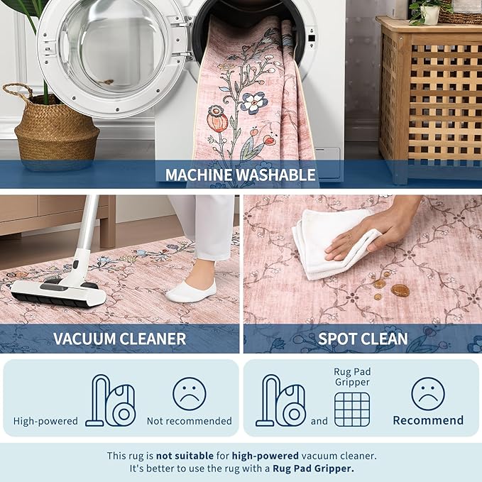 GarveeHome 4x6 Washable Floral Area Rugs for Living Room: Modern Floral Non Slip Large Area Rugs for Bedroom, Large Machine Washable Living Room Low Pile Carpet with Non-Slip Backing Pink 4 ft x6 ft.