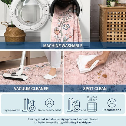 GarveeHome 4x6 Washable Floral Area Rugs for Living Room: Modern Floral Non Slip Large Area Rugs for Bedroom, Large Machine Washable Living Room Low Pile Carpet with Non-Slip Backing Pink 4 ft x6 ft.