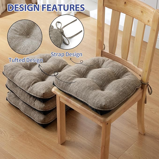 Chair Cushions for Dining Chairs Set of 2, Kitchen Chair Cushions, Chair Pads with Ties and Non Slip Backing, Tufted Memory Foam Seat Cushion 2 Pack, 15.5" x 15.5" x 4", Khaki