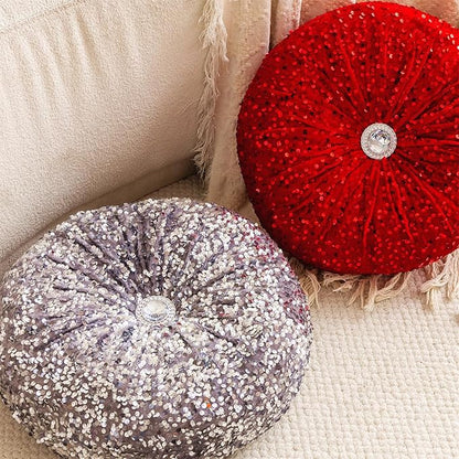 Round Throw Pillow, 13.7" Soft Glitter Sequin Pleated Pumpkin Decorative Round Pillow Circle Floor Pillow Cushions for Sofa Bed Chair Living Room Floor Home Decoration, Silver