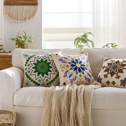 Embroidered Throw Pillow Cover 18x18 Christmas Boho Floral Pattern Pillows Cover Outdoor Decorative Pillowcase,Durable Cozy Textured Cushion Case for Sofa Couch Bed Living Room,Green