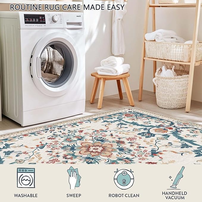 4x6 Boho Area Rug Beige Oriental Rug Non Slip Low Pile Large Carpet for Home Kitchen Living Room Bedroom Dining Room Office