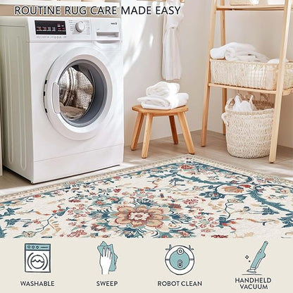 4x6 Boho Area Rug Beige Oriental Rug Non Slip Low Pile Large Carpet for Home Kitchen Living Room Bedroom Dining Room Office
