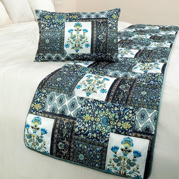 The HomeCentric King/Queen/Twin Blue Designer Twin 53"x18" Bed Runner with Pillow Cover, Perrsian Pattern & Quilted Bed Scarf on Satin Fabric - Bahar