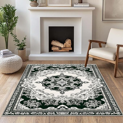 4x6 Traditional Oriental Area Rug Black White Dark Green Rug Non Slip Low Pile Large Carpet for Home Kitchen Living Room Bedroom Dining Room Office