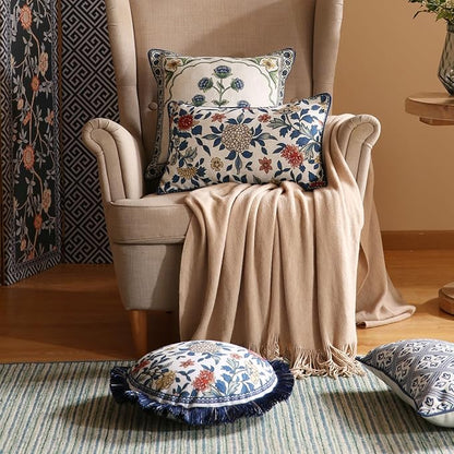 patdrea Designer Throw Pillow Covers Set of 2,Chinoiserie Blue Elegant Linen with Striped Floral Pattern Pillow Cover,Decorative Lumbar Pillowcases Cushion for Bed Living Room Outdoor Car,12"x20"