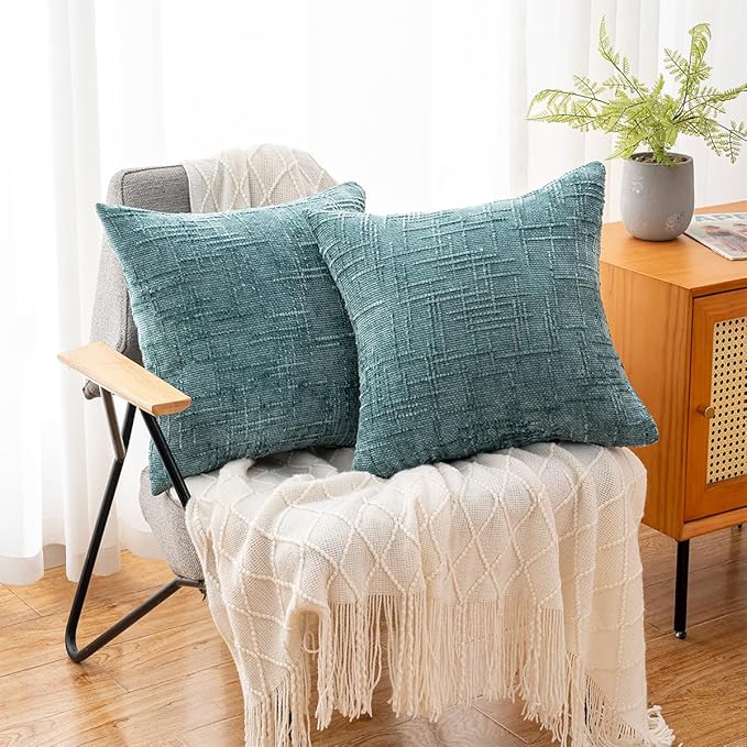 Decorative Throw Pillow Covers 22x22 Inch Set of 2, Soft Solid Farmhouse Chenille Couch Pillows, Spring Pillow Covers for Couch Sofa Bed Living Room Home Decor Pillowcase, Teal