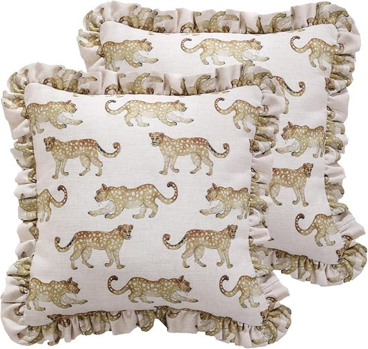 patdrea Designer Throw Pillow Covers for Couch 18"x18",Vintage Linen Pillows Cover with Cheetah Pattern and Luxury Pendant,Farmhouse Decorative Pillowcases for Bed Living Room Outdoor Set of 2