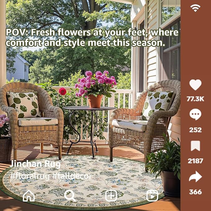 jinchan Elora 6ft Floral Round Rug for Washable Living Room Rug Vintage Romance Christmas Design Non Slip Indoor Floor Cover Lightweight Low-Profile Throw Carpet for Bedroom Patio, Green/Beige