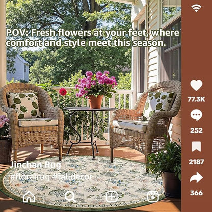 jinchan Elora 4ft Floral Round Rug for Entryway Washable Rug Vintage Romance Christmas Design Non Slip Indoor Doormat Lightweight Low-Profile Throw Carpet for Living Room Dining Room, Green/Beige