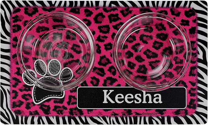 Drymate Personalized Pet Bowl Placemat, Custom Dog & Cat Food Feeding Mat - Absorbent Fabric, Waterproof Backing - Machine Washable/Durable (USA Made) (12" x 20") (Leopard Zebra Pink)