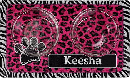 Drymate Personalized Pet Bowl Placemat, Custom Dog & Cat Food Feeding Mat - Absorbent Fabric, Waterproof Backing - Machine Washable/Durable (USA Made) (12" x 20") (Leopard Zebra Pink)