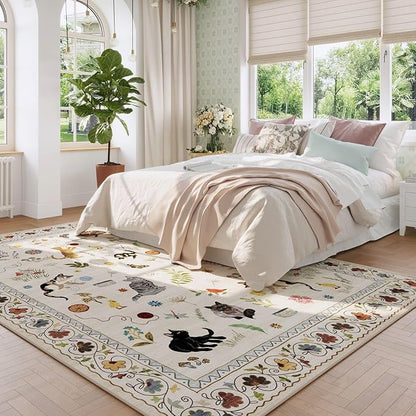Rugcomf Living Room Rug 6x9 Rug Machine Washable Boho Area Rug Non Slip Floral Animal Cat Vintage Low Pile Large Rug for Living Room Bedroom Farmhouse Dining Room Kids Playroom, Beige