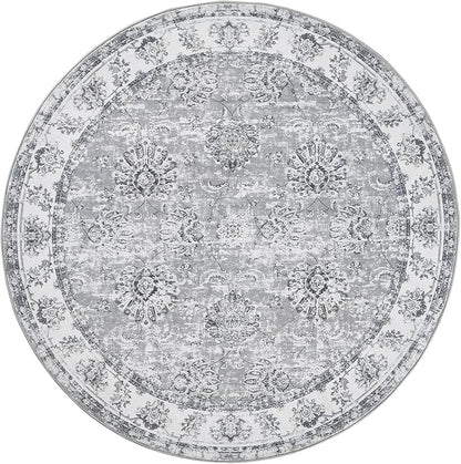 jinchan Fiora Round Rug 4ft Area Rug - Indoor Vintage Hallway Circle 4' Washable - Ultra-Thin Low Pile Soft Small Non Slip Distressed Floral Print for Living Room Dining Room Bedroom Entryway Grey