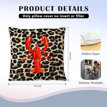 Coastal Leopard Lobster Pillow Covers 18x18, Leopard Print Home Decor, Lobster Decor, Nautical Beach Crawfish Throw Pillow Covers for Home Bedroom Living Room Sofa Couch