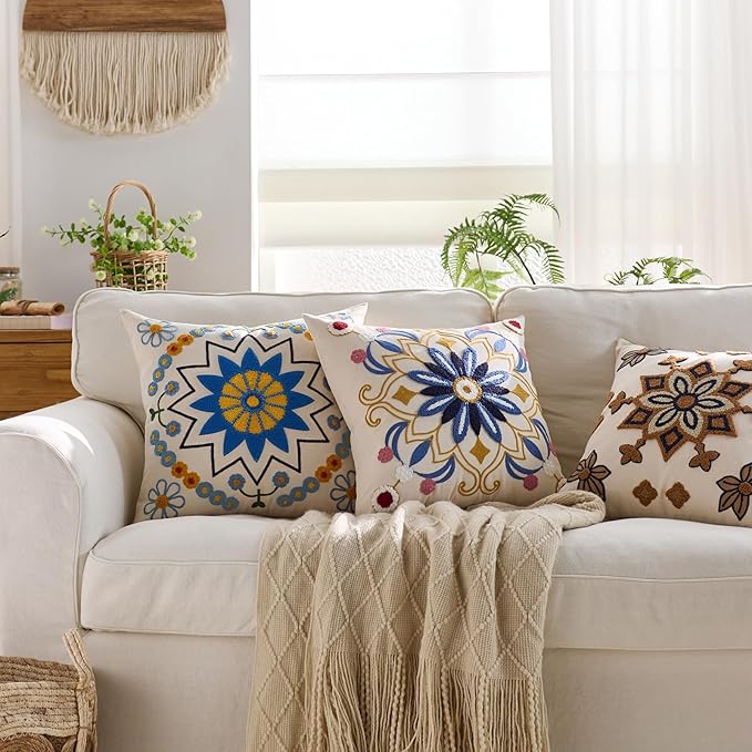 Embroidered Throw Pillow Cover 20x20 Classic Boho Floral Pattern Pillows Cover Outdoor Decorative Pillowcase,Durable Cozy Textured Cushion Case for Sofa Couch Bed Living Room,Blue Orange