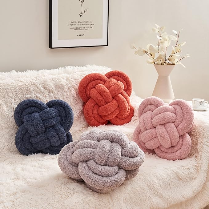 Xiashrk Knot Pillow Ball, 12" Soft Decorative Throw Pillows for Couch Bed, Gray Pink Knotted Plush Throw Pillow Handmade Square Cushion Home Couch Decor Pillows for Living Room