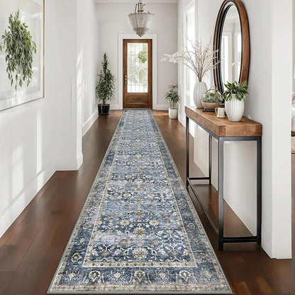 KUTA Vintage Washable Long Hallway Runner Rug, 2.6x16 Blue Grey Beige Non-Slip Kitchen Rugs Ultra Thin Soft Printed Distressed Oriental Floral Floor Carpet for Laundry Bedroom Living Room Nursery