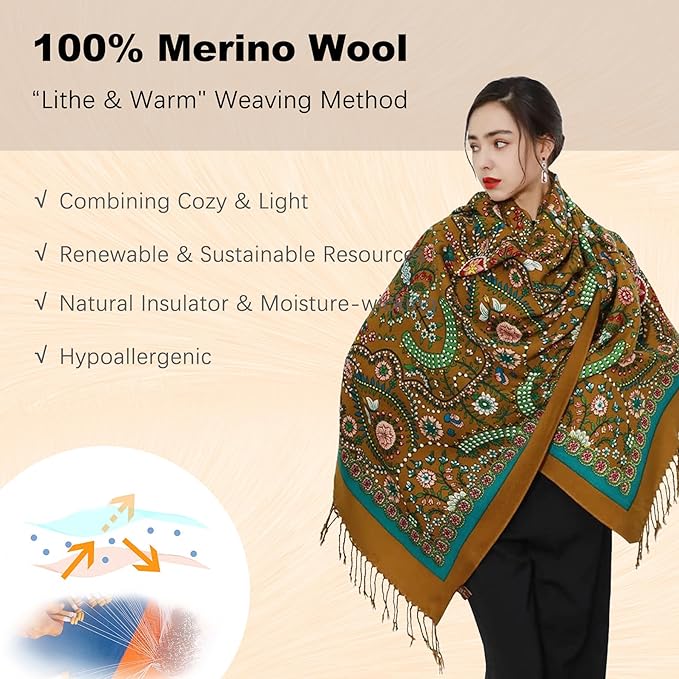 DANA XU 100% Merino Wool Pashmina Shawl for Women 96"x43", Oversized Cashmere Wrap with Tassels, Floral Travel Blanket Cape