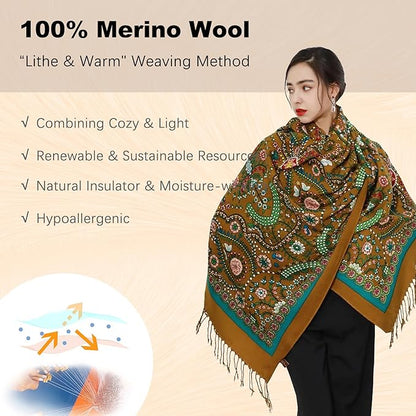 DANA XU 100% Merino Wool Pashmina Shawl for Women 96"x43", Oversized Cashmere Wrap with Tassels, Floral Travel Blanket Cape