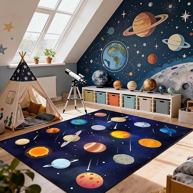 Kids Play Rugs 8'x10' Kids Rugs for playroom, Kid Educational Rug Classroom Rug, Space Planet Rug Space Planet Theme Play Mat for Living Room Dining Room Classroom Decor