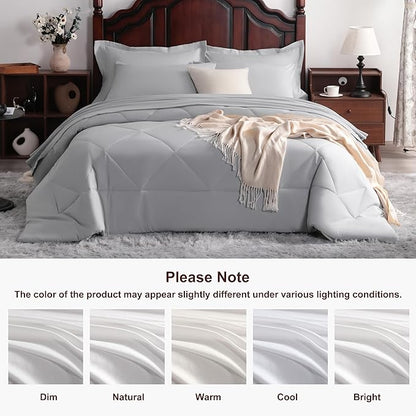 NTBAY Queen Comforter Set with Sheets, 7 Pieces Soft and Breathable Queen Bedding Set, Bed in a Bag, Down Alternative Comforter Set Solid Color All Season, Queen Bedding Set, Light Grey