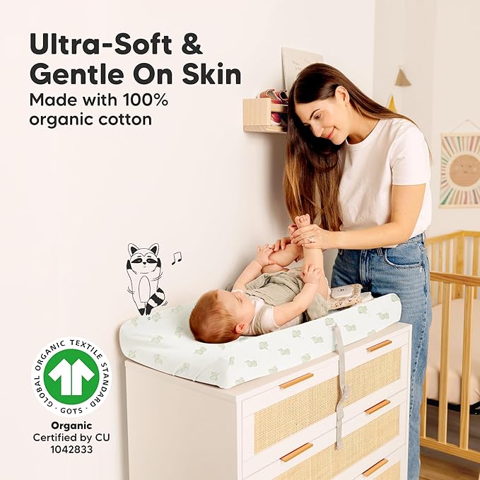 2-Pack Organic Changing Pad Covers for Girl, Boy, Neutral - 100% Cotton Changing Table Pad Cover, Soft Baby Nursery Diaper Changing Pad Sheets, Contour Changing Pads Liners, Change Pad Cover (Elly)