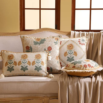 patdrea Designer Throw Pillow Covers for Couch 18"x18",Vintage French Linen Pillows Cover with Daisy Floral Pattern,Beige Soft Farmhouse Decorative Square Cushion for Bed,Living Room,Set of 2